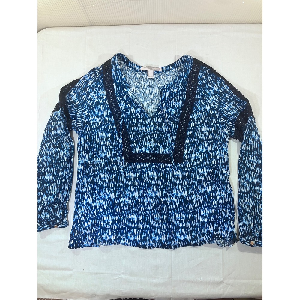 Forever 21 Blue White Print Blouse Top Women's Size L Long Sleeve